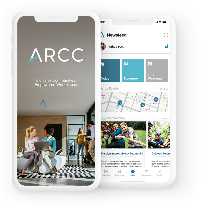 ARCC Digital employee engagement platform — app splash screen and inbox on mobile