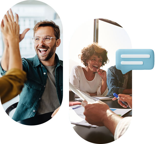 Duo photo one a guy giving a high five to a colleague and a group of people in a meeting