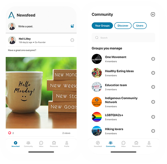 ARCC Digital newsfeed and community pages — internal communications app for teams