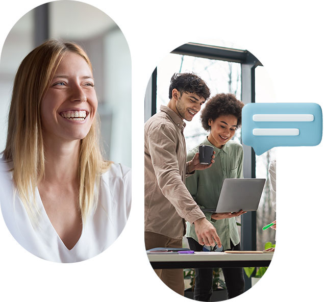 A blonde girl smiling and coworkers discussing over notes