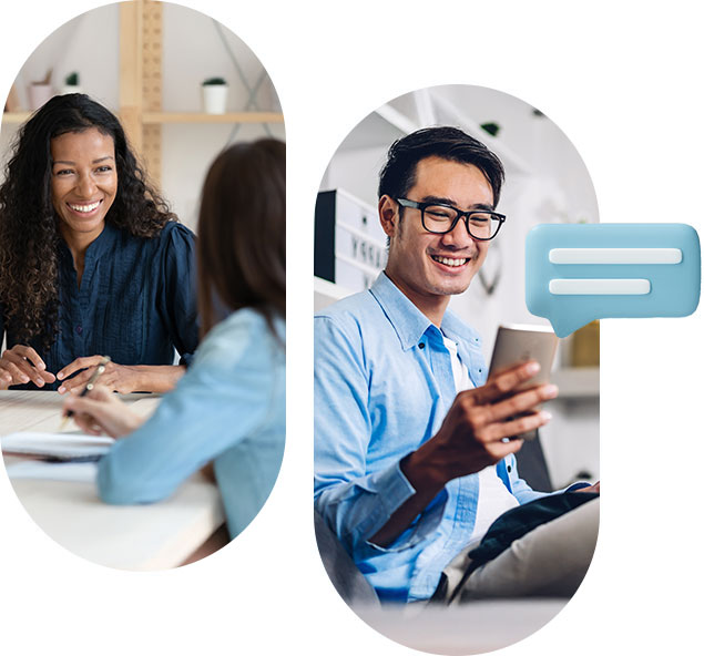 Coworkers in a meeting and a guy smiling about something on his phone